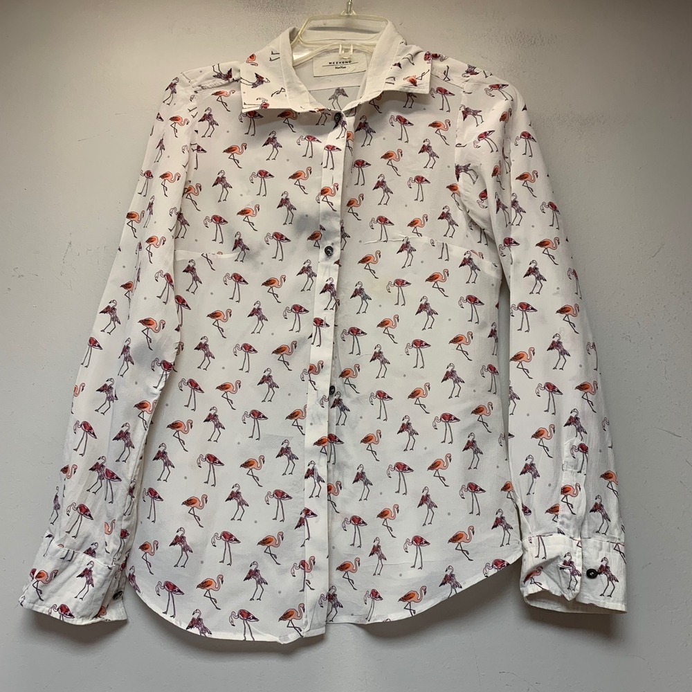 Weekend MaxMara Button Down Women S White Excellent Silk Flamingo Print Blouse